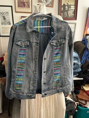 new directions Gray Denim Bomber Jacket with Multicolor Aztec Panels